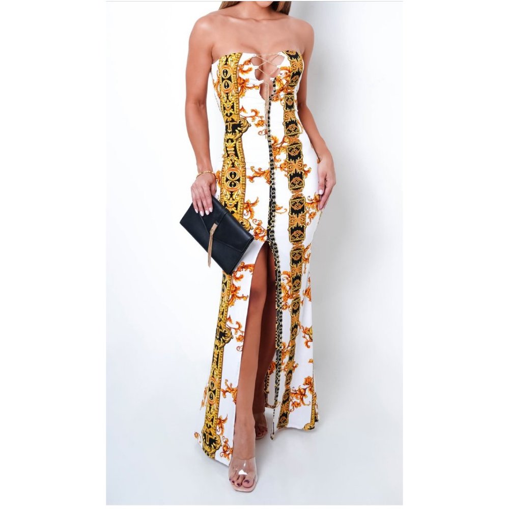 Gold Print Strapless Maxi Dress